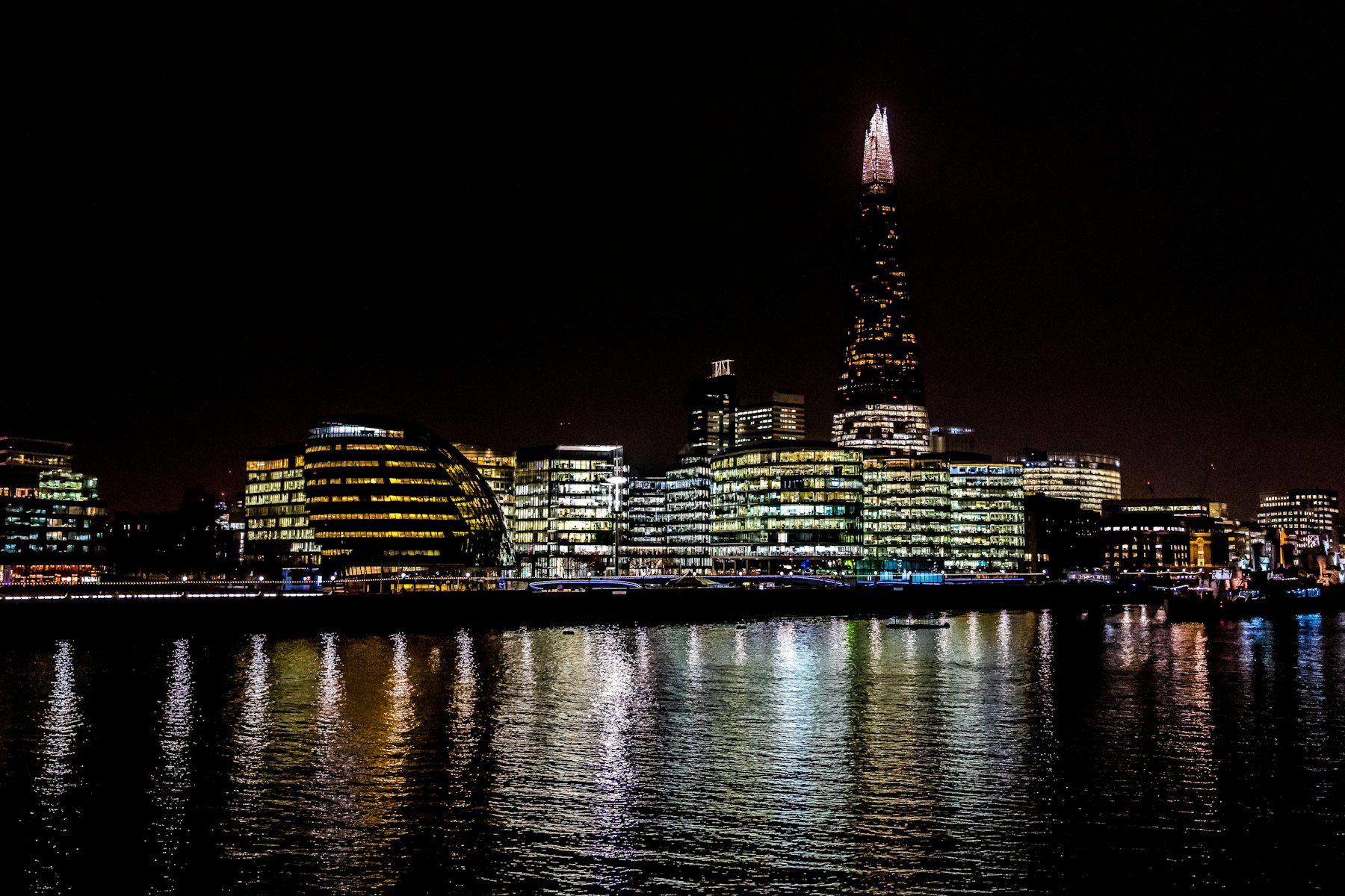 London skyline at night beside the Thames
