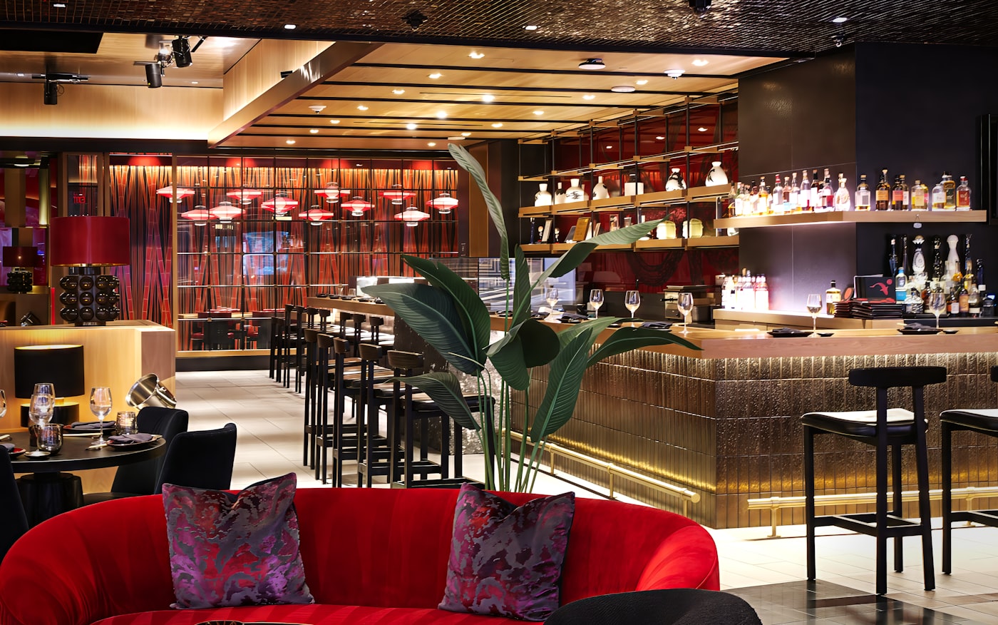 Stylish evening bar interior with warm lighting